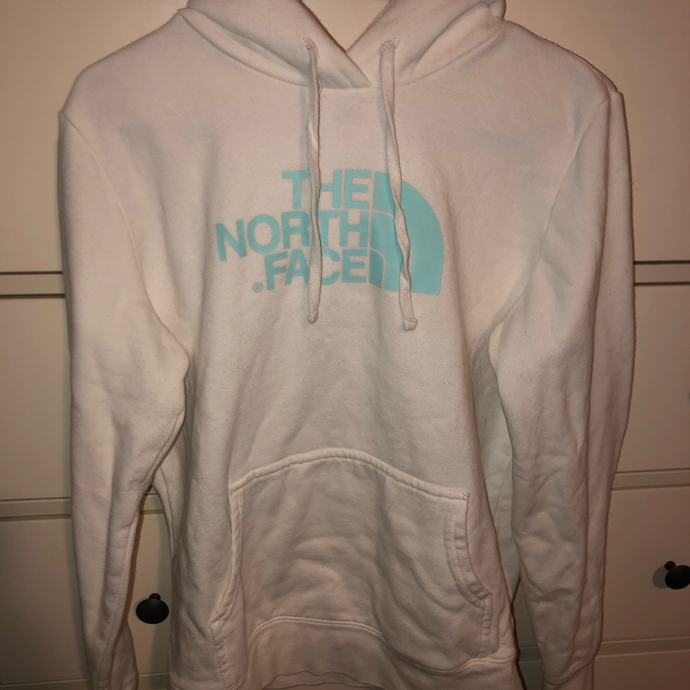White North Face Hoodie with teal lettering